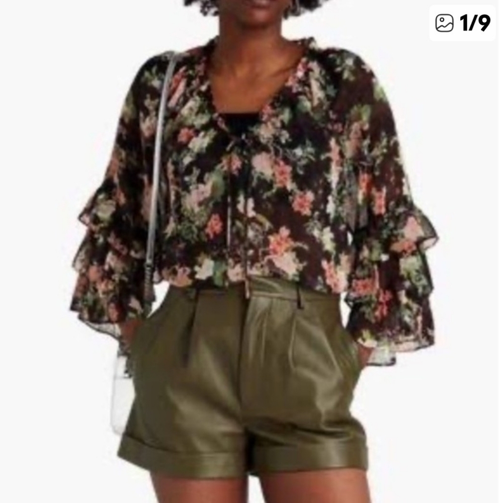 Alice + Olivia Kallie Black Green Pink Floral Georgette Blouse w Ruffle Sleeves